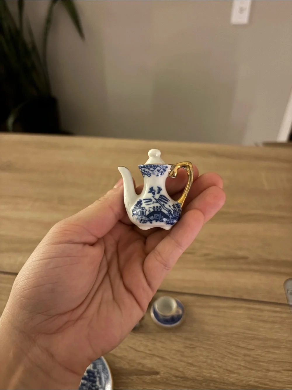 Porcelain Blue and White Miniature Tea Set with Gold Trim